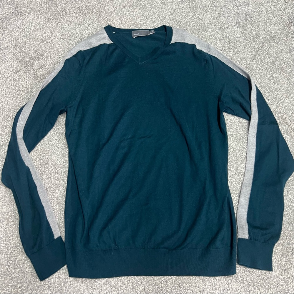 VINCE Sweater Men's Large Teal Gray V-Neck Knit Wool Striped Soft Pullover